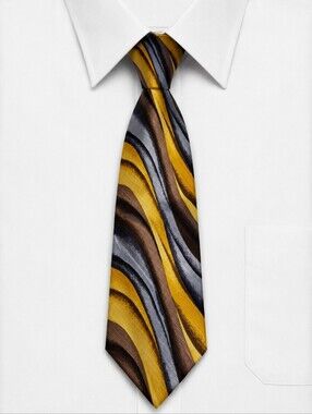 UMBERTO BOSSI Abstract Wave Silk Tie in Yellow, Brown & Gray